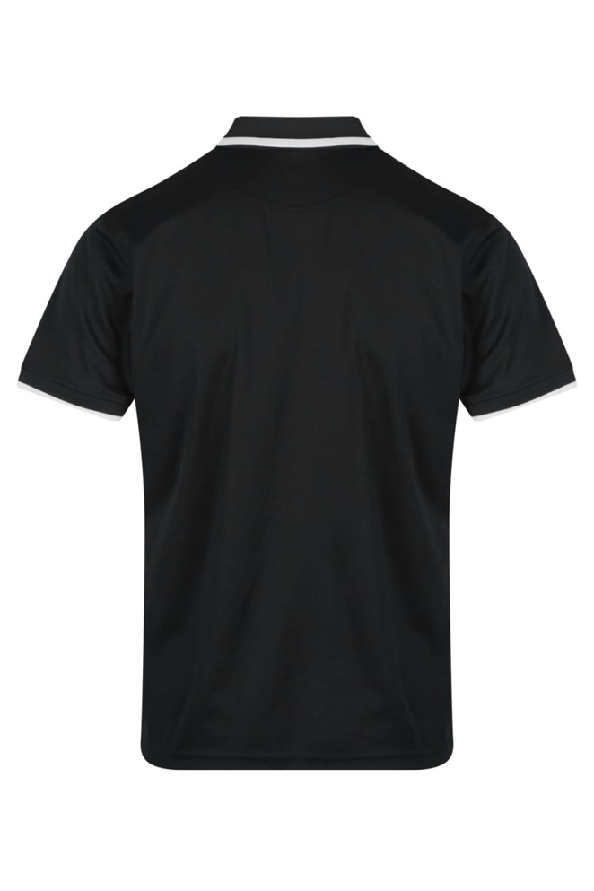 A black men's polo shirt featuring a classic design with contrasting trim and a logo on the back.
