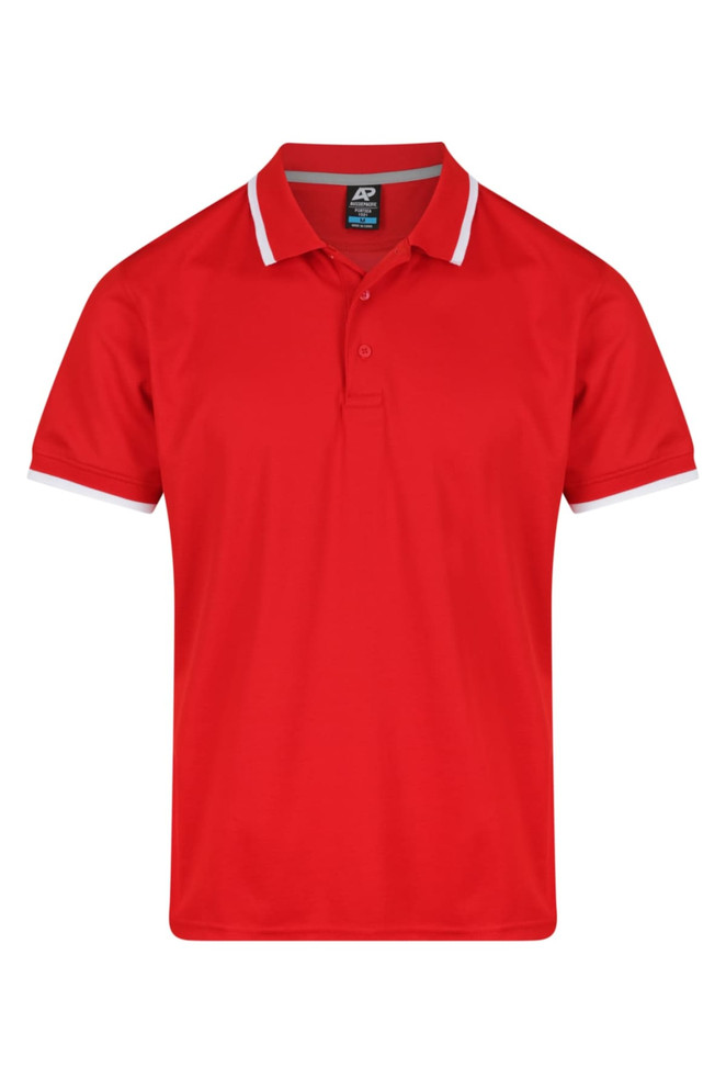 A red polo shirt with a contrasting collar and sleeve details, featuring a logo.