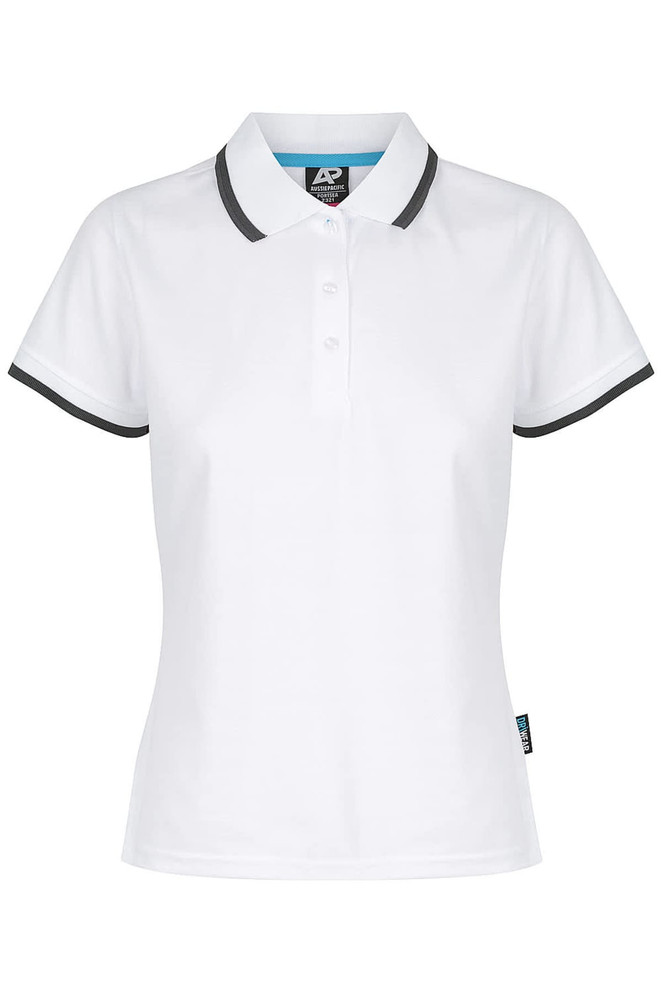 A white polo shirt featuring short sleeves and contrasting trim, with a logo on the front.