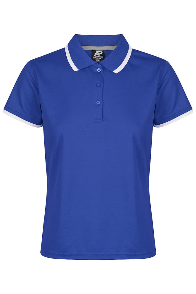 A blue polo shirt with a white collar and sleeve details, featuring a logo on the upper part.
