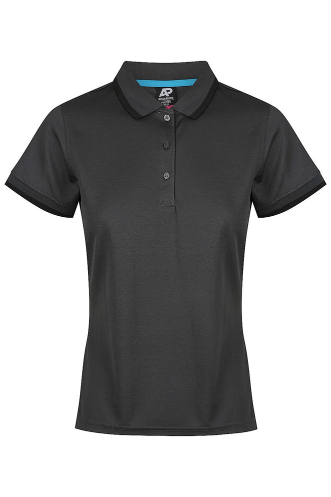 A black polo shirt with a collar and short sleeves, featuring a logo on the chest area.