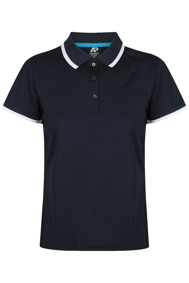 A navy polo shirt featuring a collared neckline, three-button placket, and contrasting trim. It has a logo on the chest.