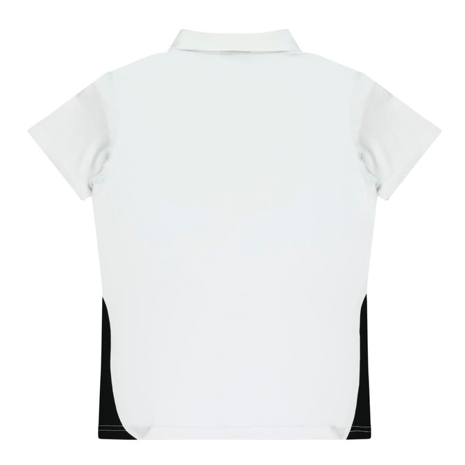 A white polo shirt with black sides and a collar, featuring a logo on the back.