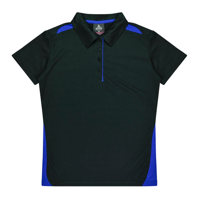 A black and blue women's polo shirt with a collared neckline and short sleeves, featuring a logo.
