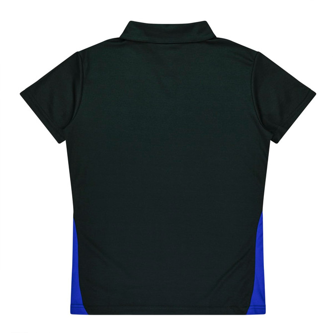 A dark green polo shirt with blue side panels and a collar, featuring a logo.