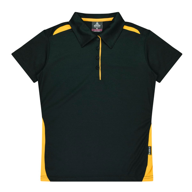 A dark green polo shirt with yellow accents, featuring a collar and buttons, and includes a branding logo.
