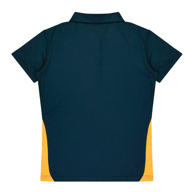A dark green polo shirt with yellow side panels and a collar, featuring a logo on the back.