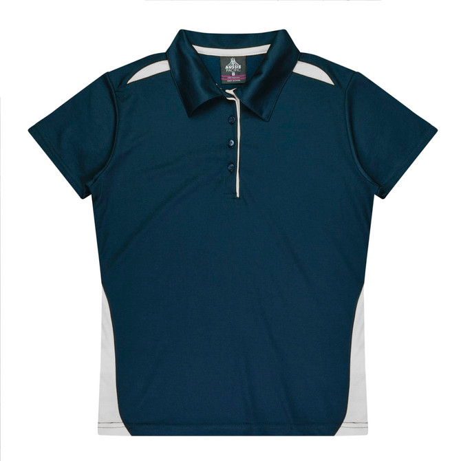 A navy blue polo shirt featuring a collar, buttons, and contrasting white side panels. It has a logo on the chest.