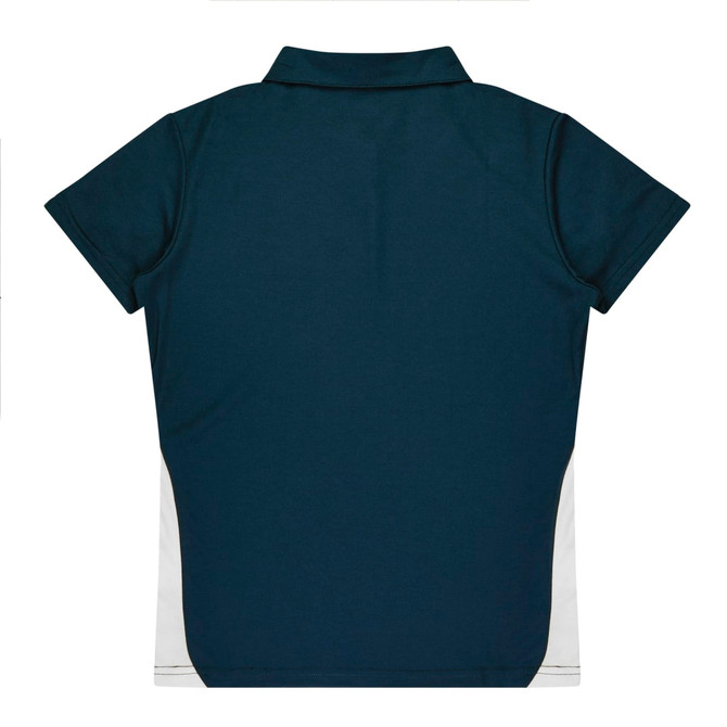 A navy polo shirt with short sleeves, featuring a white side panel. The shirt has a collar and a logo.
