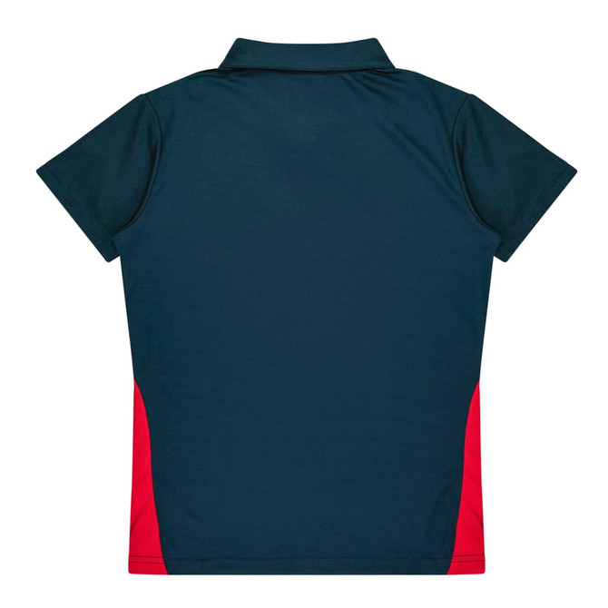 A polo shirt in dark blue with red side accents and a collar. Features a logo.