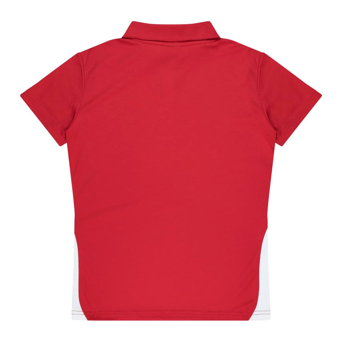 A red polo shirt with a collar and short sleeves, featuring a side panel design. It has a logo on the front.