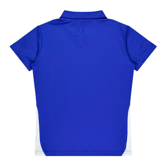 A blue polo shirt featuring short sleeves and a collar, with contrasting white side panels.