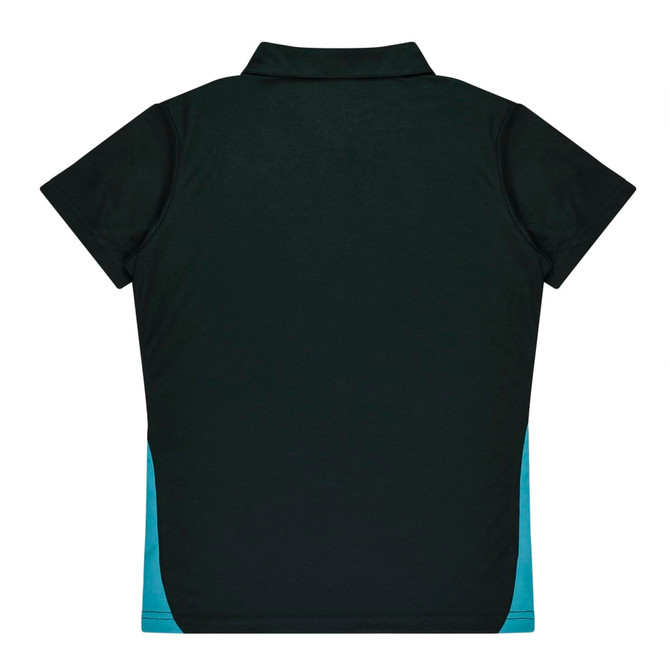 A dark green polo shirt featuring a blue side panel and a collar, with a logo on the chest area.