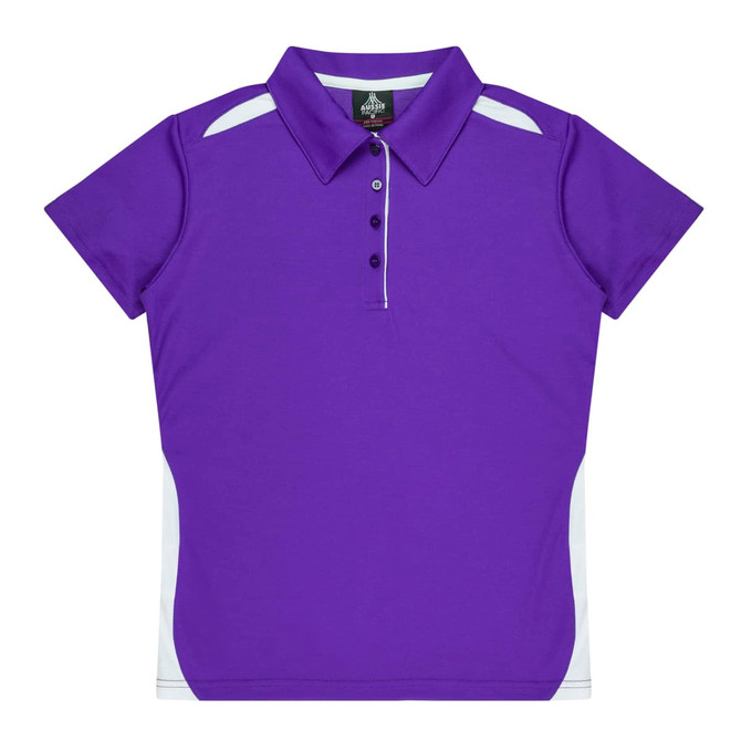 A purple polo shirt featuring a collar, buttons, and contrasting white side panels. It has a logo on the label.