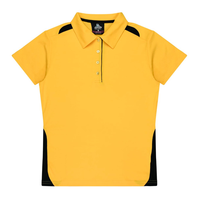 A yellow polo shirt with black side panels and a collar, featuring buttons and a logo.