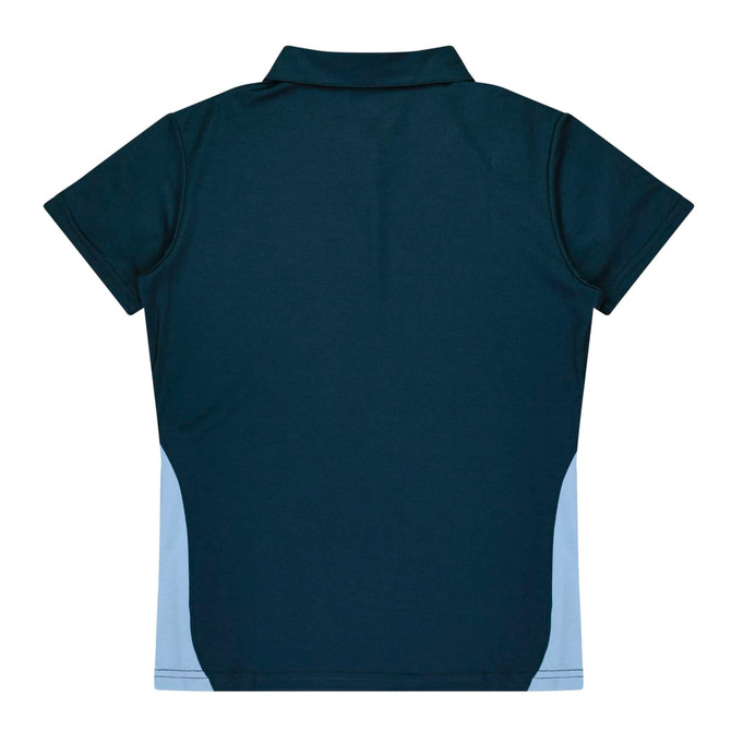A dark green polo shirt with light blue side panels and a collar. It features a logo on the garment.