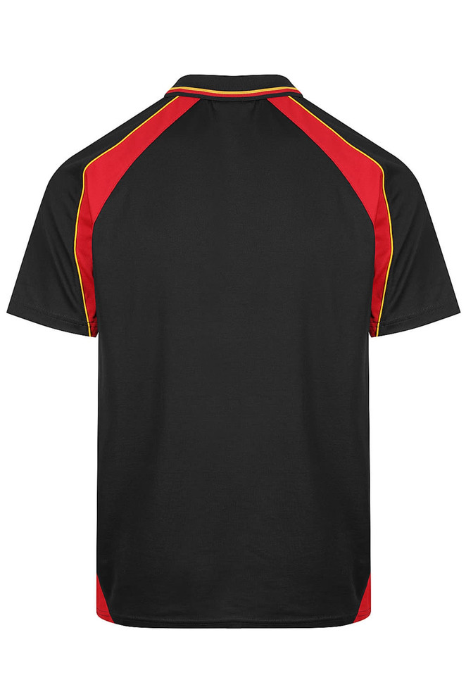 A black polo shirt with red and yellow accents and a logo on the back.