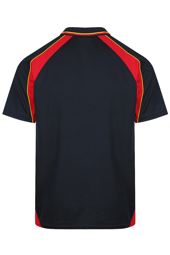 A black polo shirt with red and yellow accents, featuring a logo on the front.