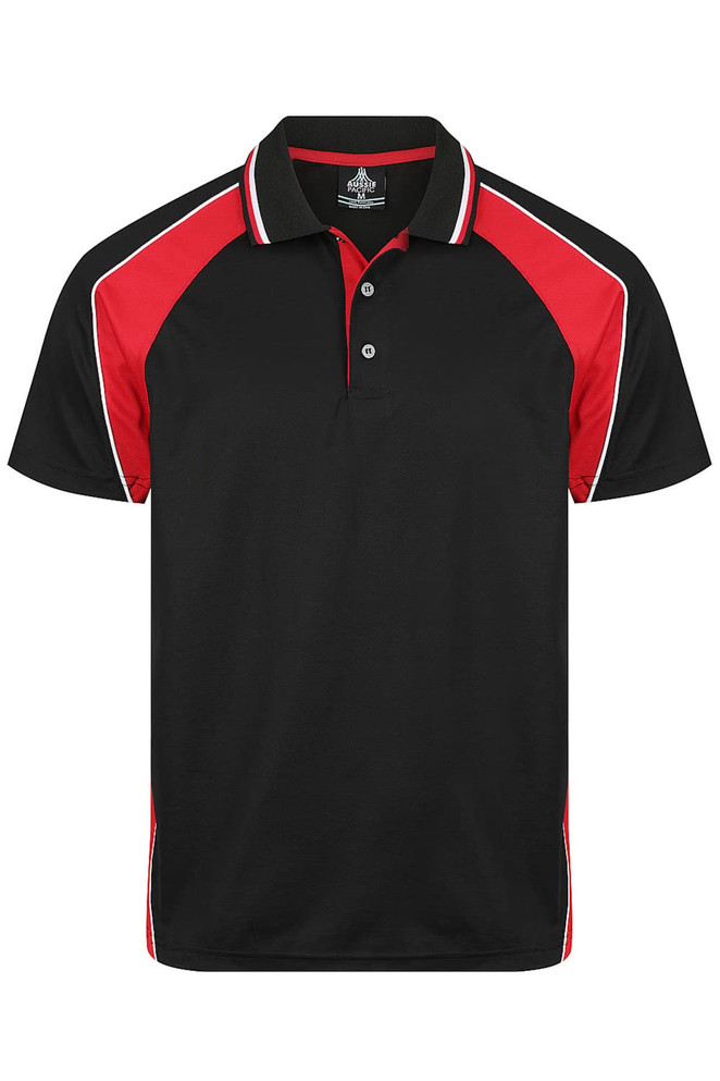 A black polo shirt with red accents and a logo. It features a collar, buttons, and a sporty design.