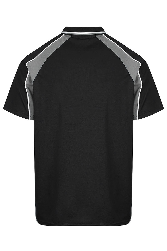 A black polo shirt with grey accents, featuring a logo on the back and short sleeves.