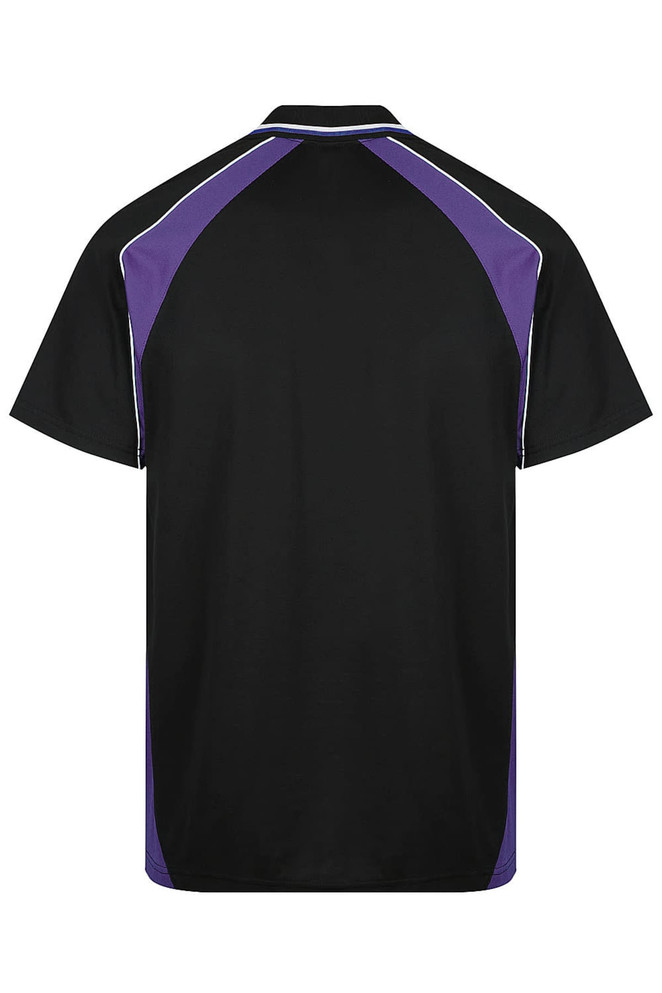 A black polo shirt with purple accents and a contrasting design, featuring a logo on the back.