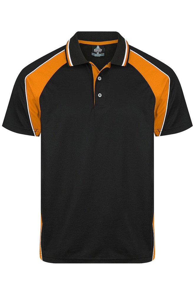 A black polo shirt with orange accents and a logo, featuring a classic collar and three buttons.