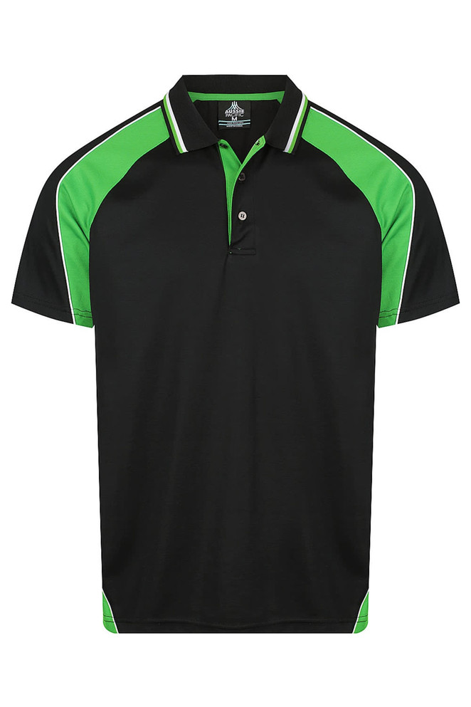 A black polo shirt with green accents and stripes, featuring a collar and a logo.