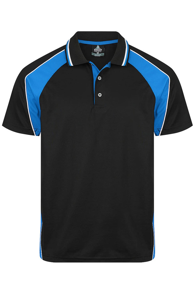 A black polo shirt with blue and white accents, featuring a collar and buttons, and a logo on the front.