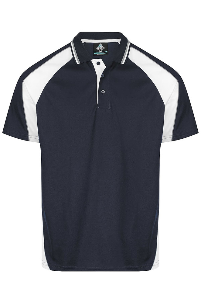 A navy blue polo shirt with white accents and a logo on the chest. Features a classic collar and short sleeves.