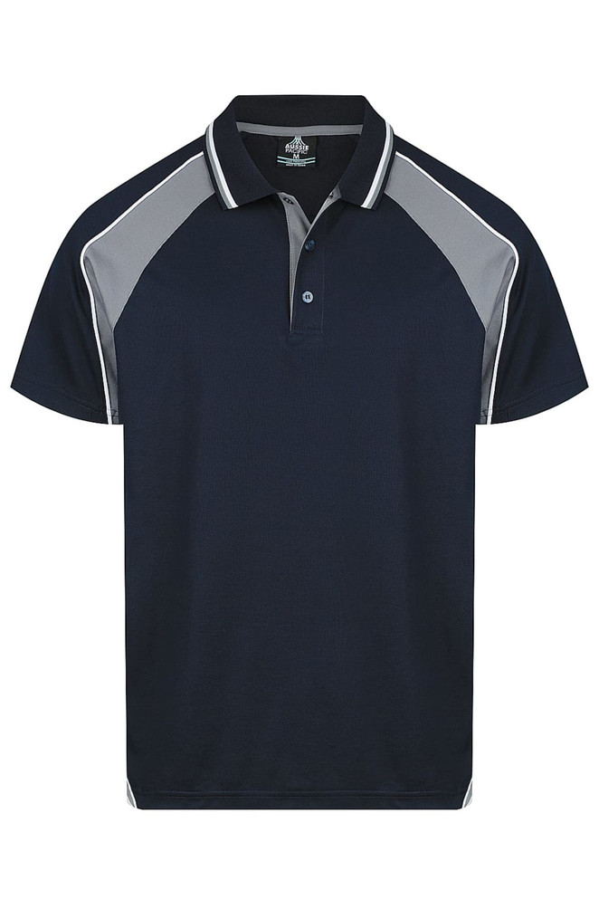 A navy blue polo shirt featuring grey accents and a logo on the chest.