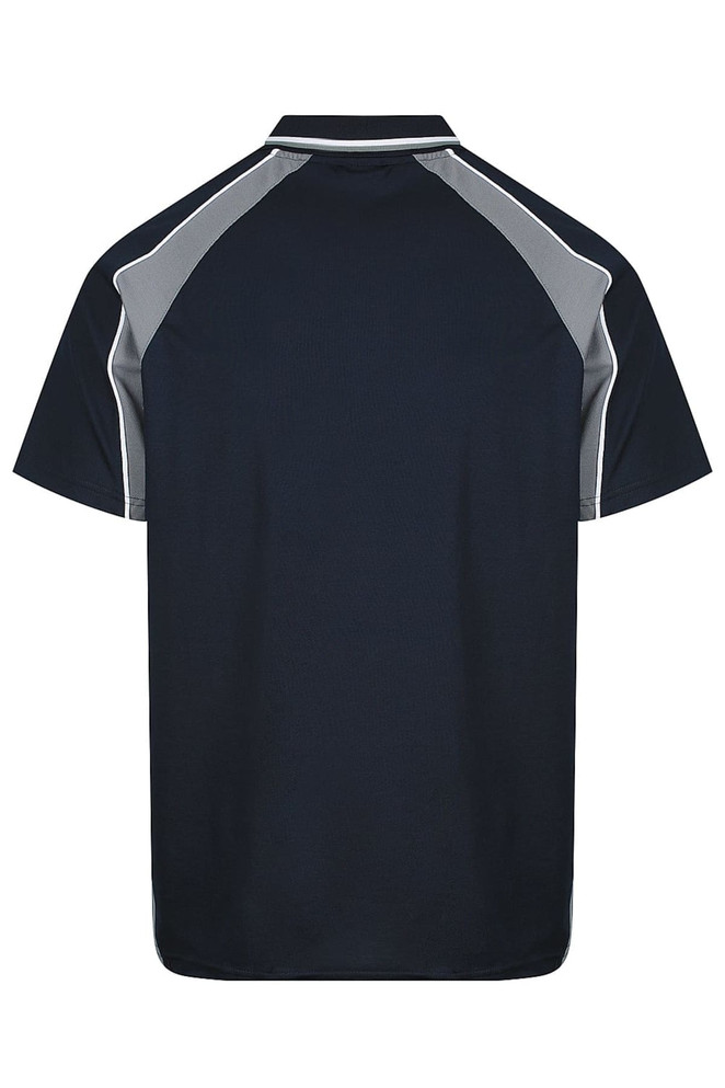 A short-sleeved navy polo shirt with grey accents, featuring a logo on the chest area.