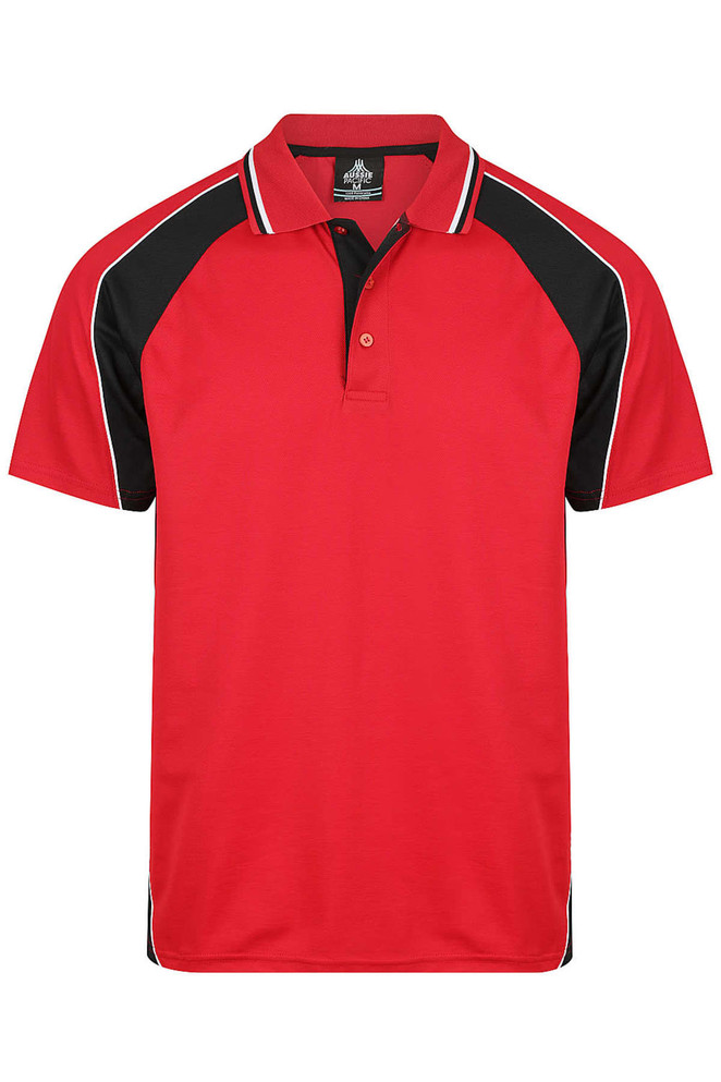 A red polo shirt with black and white accents and a logo on the chest area.