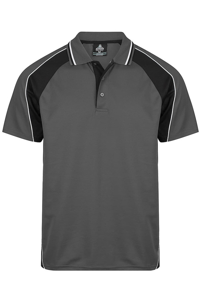 A grey men's polo shirt with black accents and a contrasting collar, featuring a logo on the chest.
