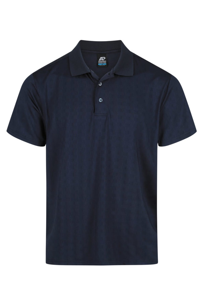 A navy blue polo shirt featuring a three-button placket and a logo on the chest.