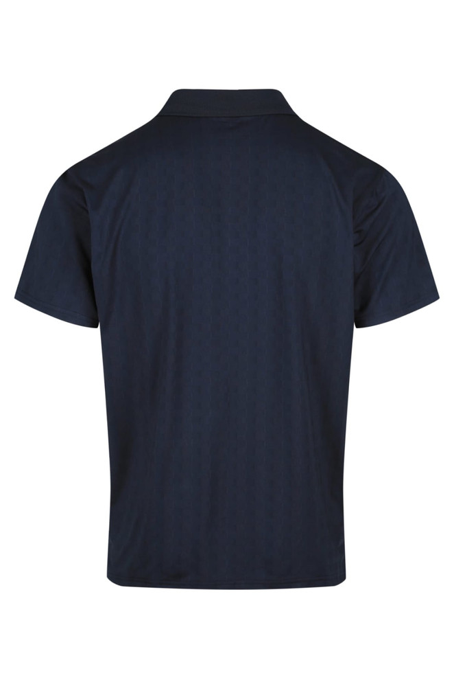 A navy blue men's polo shirt featuring a collar and a logo on the back.