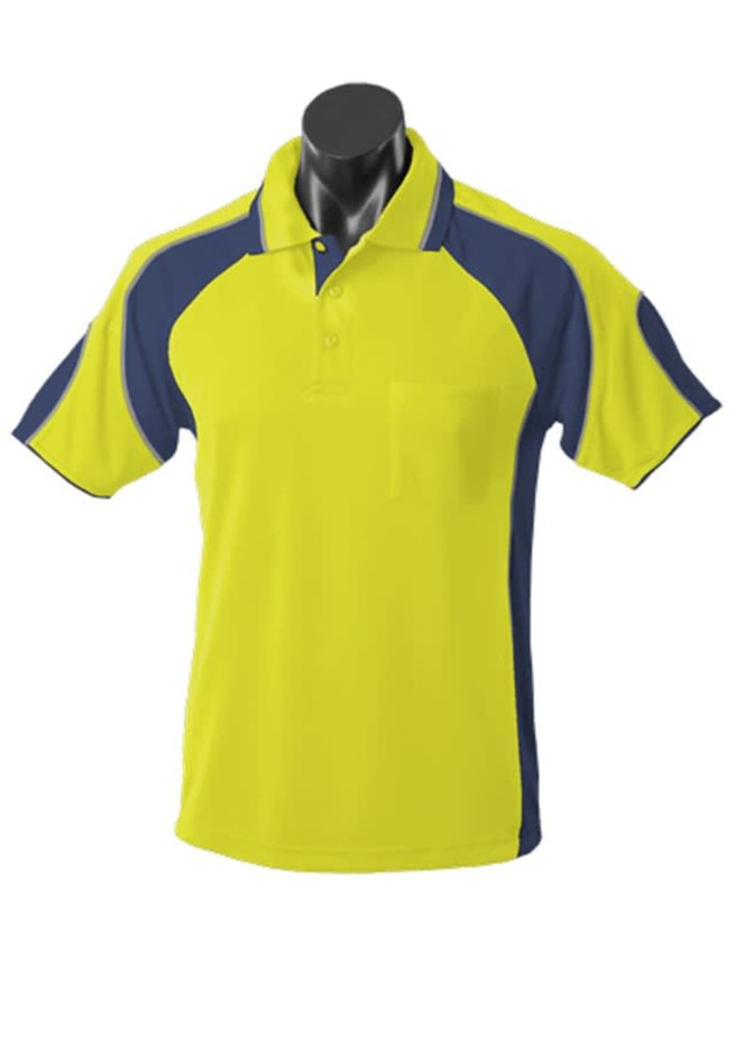 A bright yellow polo shirt with navy blue accents and a pocket, displayed on a mannequin. It features a logo.