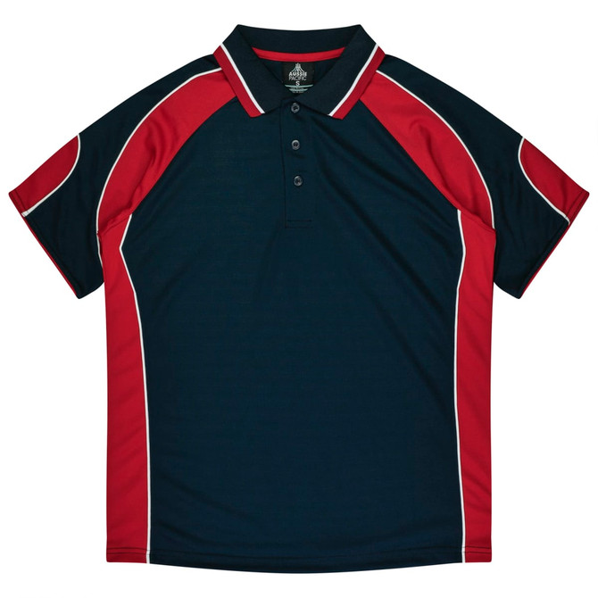 A navy and red polo shirt featuring raglan sleeves and a three-button placket, with a branding logo.