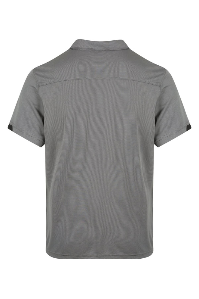 A grey polo shirt with a collar and short sleeves, featuring striped detailing and a logo.
