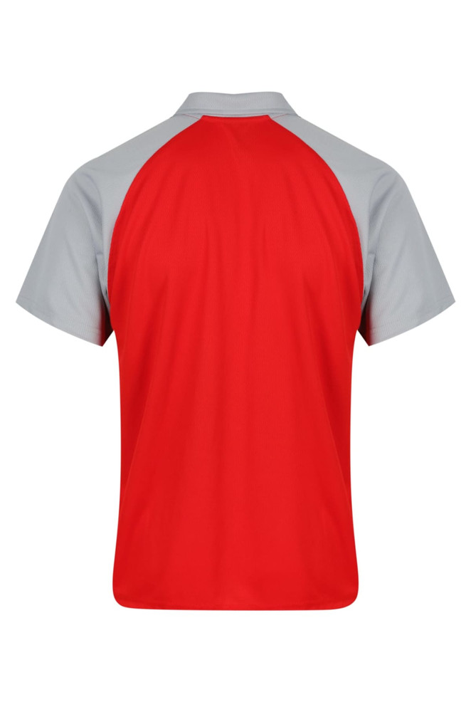 A red and grey polo shirt with short sleeves and a mesh design. Features a logo on the front.