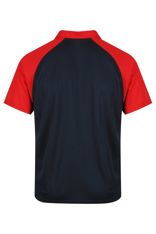 A short-sleeved polo shirt featuring a red and navy colour scheme with a curved hem and a logo.