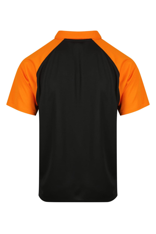 A polo shirt featuring black and orange colours, showcasing short sleeves and a classic collar. The shirt has a logo.