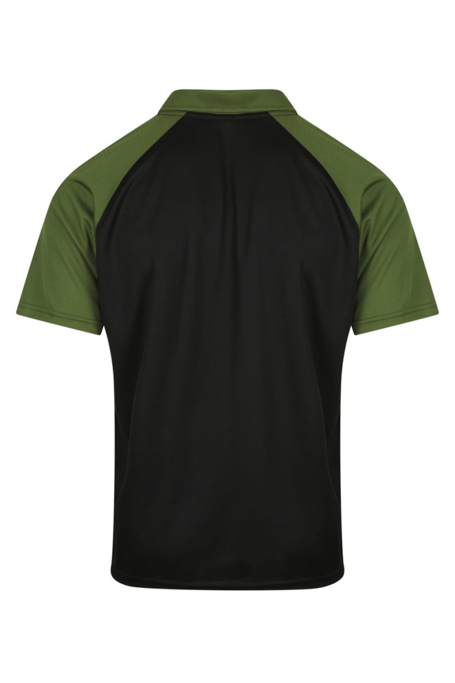 A men's polo shirt featuring a black body with green sleeves, showcasing a clean, simple design.