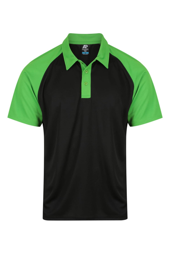 A black polo shirt with green sleeves and a collar. It features a logo on the upper inner side.