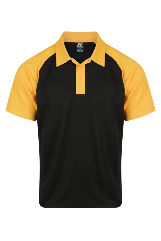 A black and yellow polo shirt with a logo on the chest, featuring a classic collar and short sleeves.