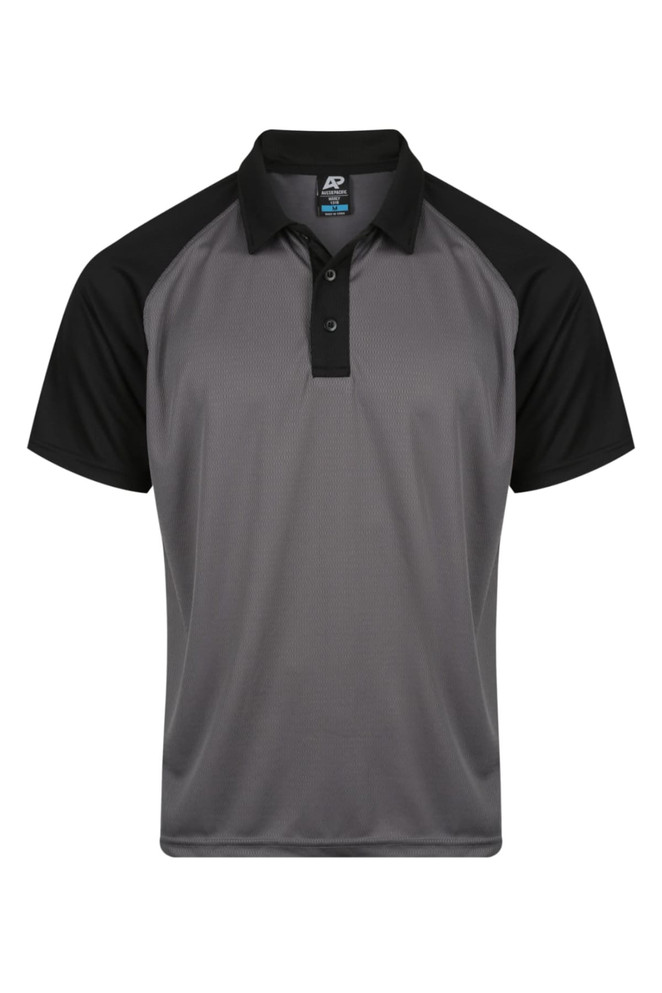 A grey and black polo shirt featuring a branded label, designed for men's casual wear.