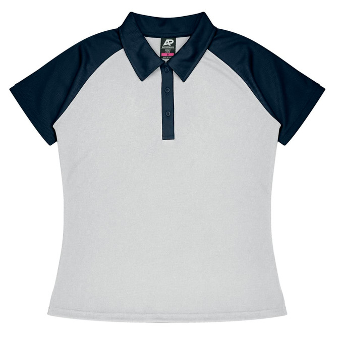 A polo shirt featuring a light grey front and navy blue sleeves, with a collar and button placket.