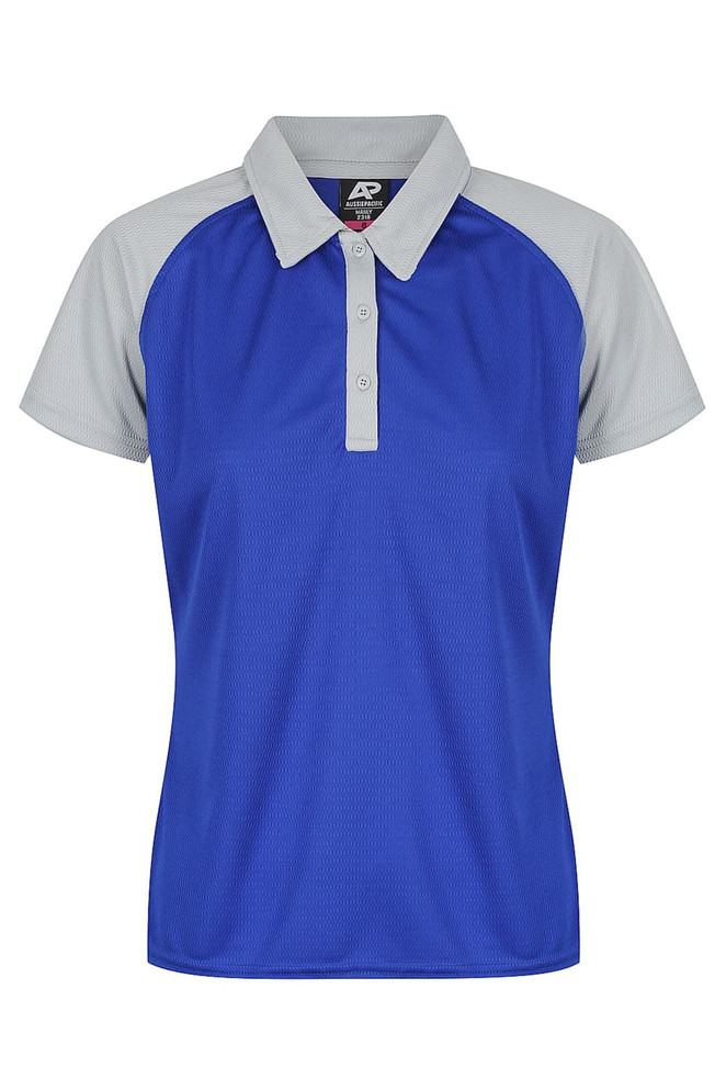 A blue polo shirt with grey accents and a collar, featuring a logo on the chest.