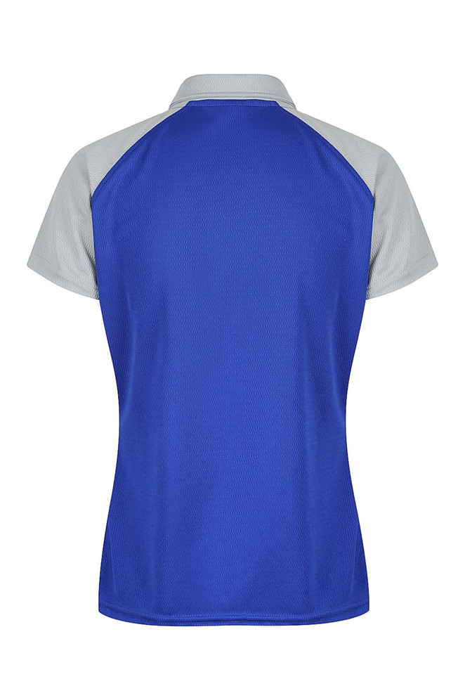 A polo shirt featuring a blue body with grey sleeves and a logo on the back.