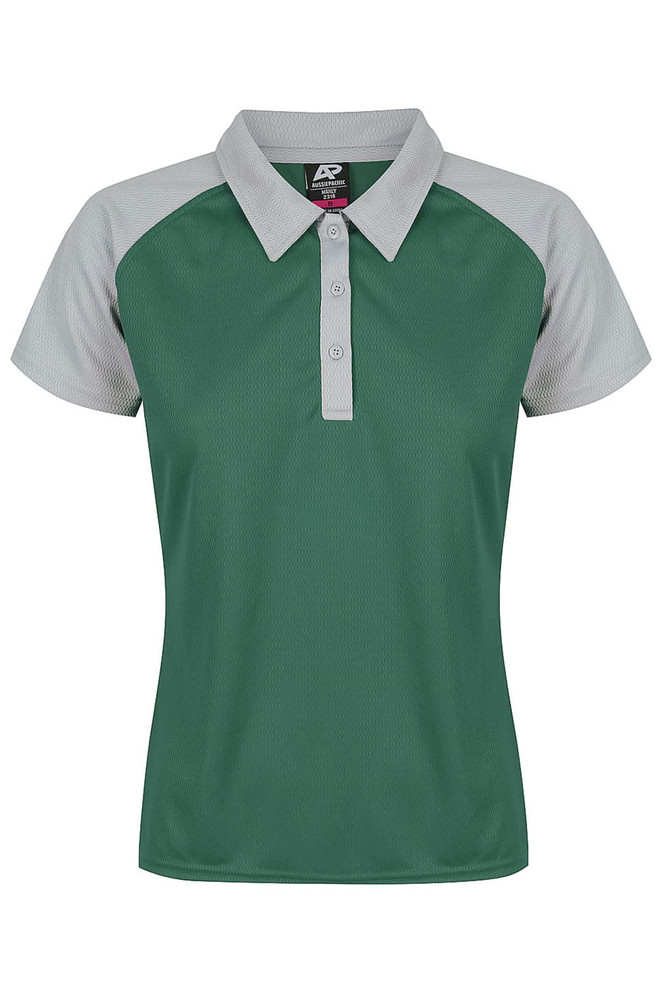 A green polo shirt with grey mesh sleeves and a collar, featuring a logo on the chest.