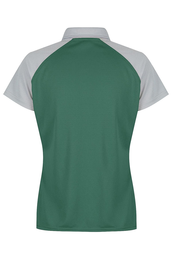 A green and grey polo shirt with a mesh design and a branded logo on the back.
